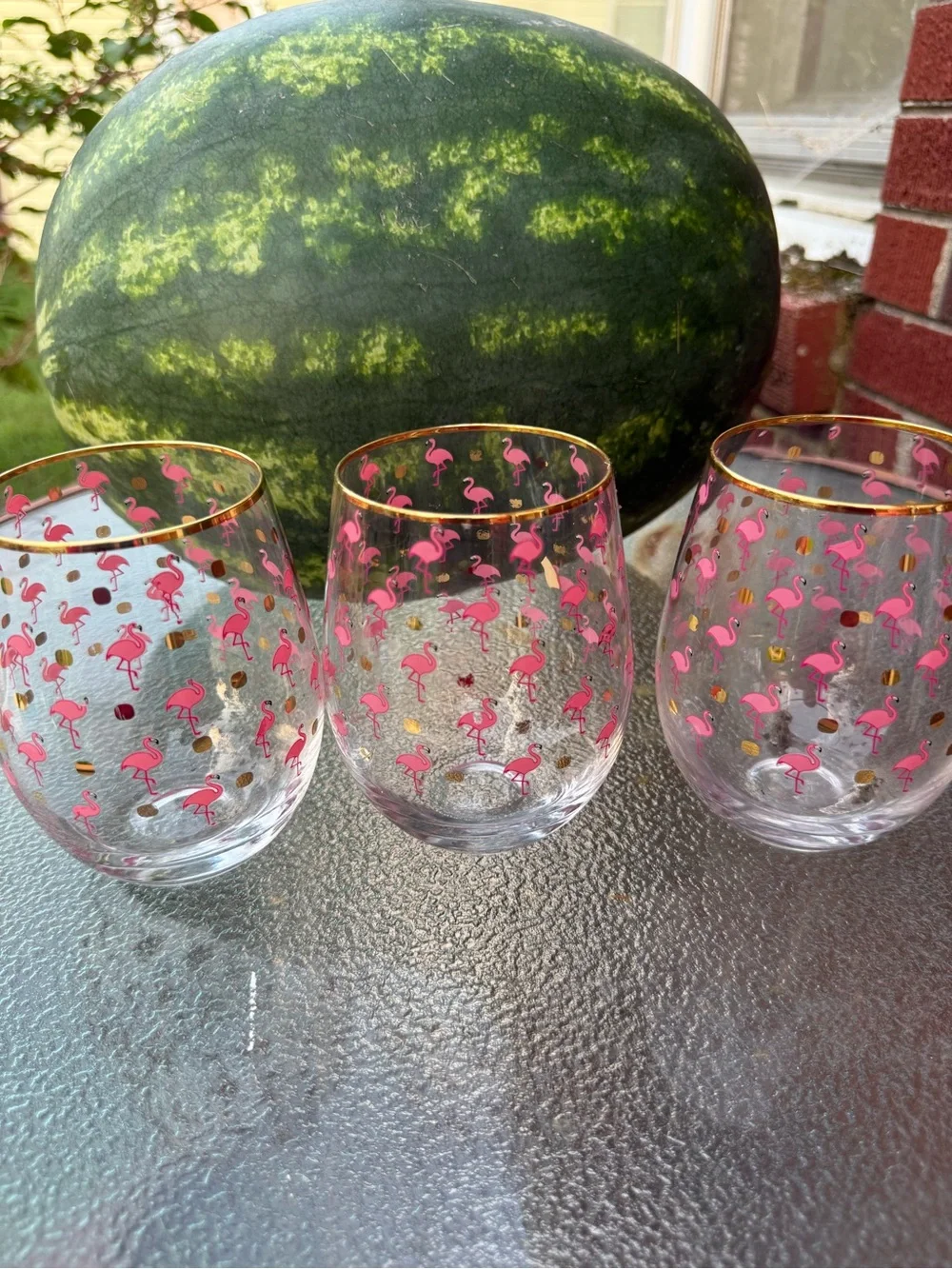 Stemless Wine Glasses with Pink Flamingo and Gold Dot Accents